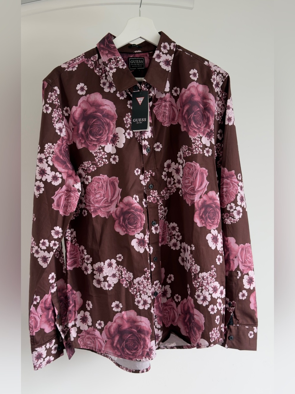 Guess Men's Brown Button-Down Shirt with Pink Floral Print